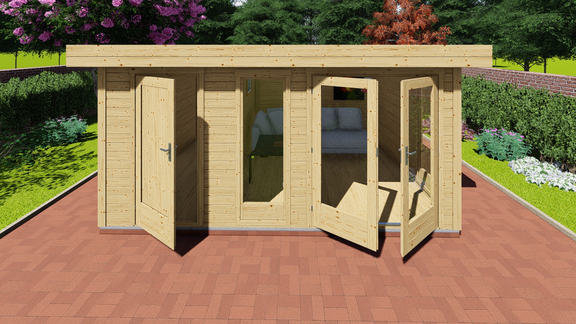 Gartenhaus Flachdach mit Anbau 28 mm NWH Kiel 28225 Gartenzauber GmbH