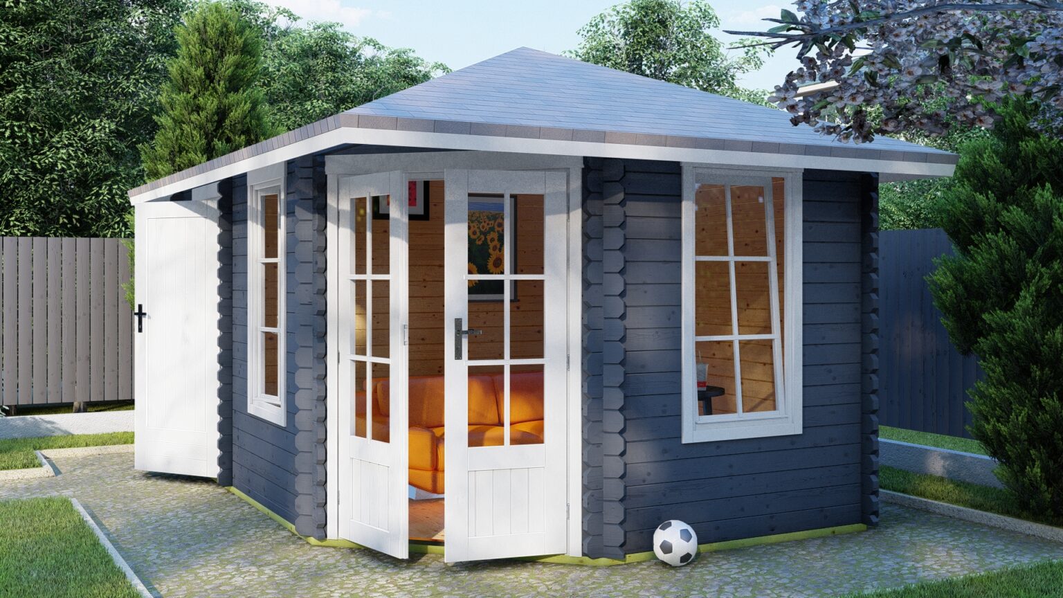 5Eck Gartenhaus mit Anbau 28 mm NWH Haag 28036 Gartenzauber GmbH