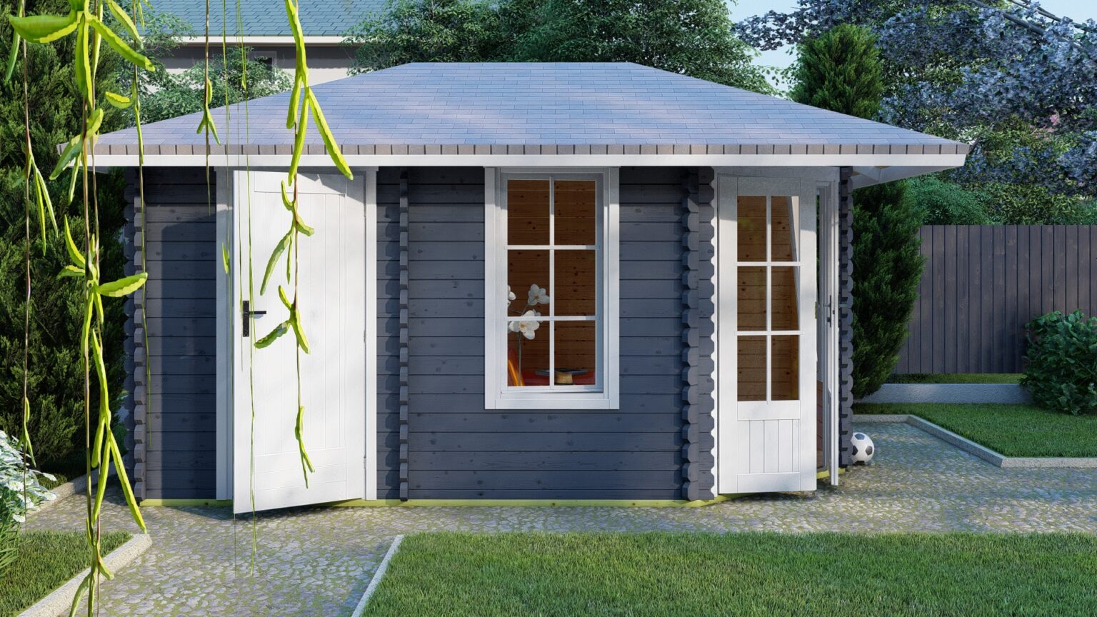 5Eck Gartenhaus mit Anbau 28 mm NWH Haag 28036 Gartenzauber GmbH
